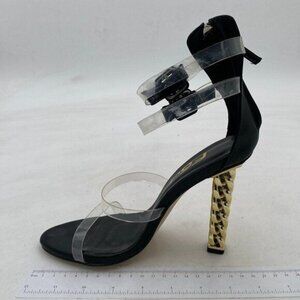 FSJ Black Transparent Open Toe Metal Chain Chunky High Heel Slip On Buckle Shoes
